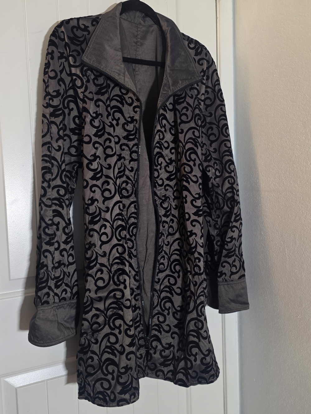 Gray and Black Scroll-Pattern Trench Coat